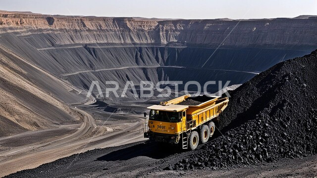 التنقيب عن الثروات الباطنية، أماكن مناجم الفحم الطبيعي، الطبيعة الصخرية وتضاريس السلاسل الجبلية، المرتفعات وقمم الجبال في المملكة العربية السعودية، مجموعة من سيارات الشحن الكبيرة تقوم بالعمل في موقع التعدين، التخلص من الأتربة والصخور ونقلها بعيدا