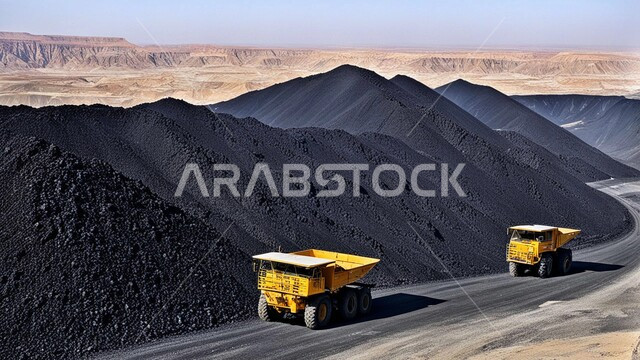 التنقيب عن الثروات الباطنية، أماكن مناجم الفحم الطبيعي، الطبيعة الصخرية وتضاريس السلاسل الجبلية، المرتفعات وقمم الجبال في المملكة العربية السعودية، مجموعة من سيارات الشحن الكبيرة تقوم بالعمل في موقع التعدين، التخلص من الأتربة والصخور ونقلها بعيدا