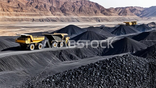 التنقيب عن الثروات الباطنية، أماكن مناجم الفحم الطبيعي، الطبيعة الصخرية وتضاريس السلاسل الجبلية، المرتفعات وقمم الجبال في المملكة العربية السعودية، مجموعة من سيارات الشحن الكبيرة تقوم بالعمل في موقع التعدين، التخلص من الأتربة والصخور ونقلها بعيدا