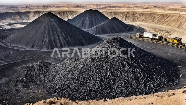 التنقيب عن الثروات الباطنية، أماكن مناجم الفحم الطبيعي، الطبيعة الصخرية وتضاريس السلاسل الجبلية، المرتفعات وقمم الجبال في المملكة العربية السعودية، مجموعة من سيارات الشحن الكبيرة تقوم بالعمل في موقع التعدين، التخلص من الأتربة والصخور ونقلها بعيدا