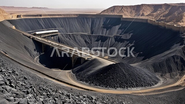 التنقيب عن الثروات الباطنية، أماكن مناجم الفحم الطبيعي، الطبيعة الصخرية وتضاريس السلاسل الجبلية، المرتفعات وقمم الجبال في المملكة العربية السعودية، مجموعة من سيارات الشحن الكبيرة تقوم بالعمل في موقع التعدين، التخلص من الأتربة والصخور ونقلها بعيدا