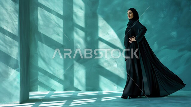 Veiled Model A Saudi Arabian Gulf model wearing an abaya and hijab displays fashion ...
