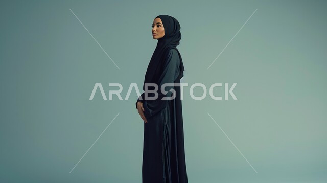 The concept of elegance and interest in fashion, the art of distinctive modern Gulf abayas designs, the elegance of Saudi women, a side portrait of a Saudi Gulf Arab model wearing an abaya and hijab displaying fashion models for veiled women, gray background