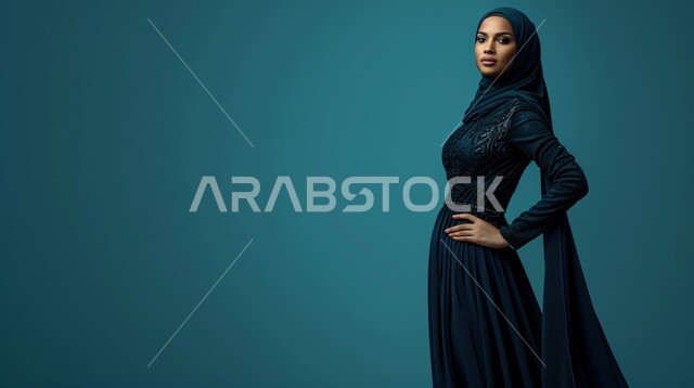  مفهوم الشياكة والاهتمام بالموضة، فن تصاميم العباءات العصرية الخليجية المميزة, أناقة النساء السعوديات, بورتريه من الجانب لعارضة أزياء عربية خليجية سعودية ترتدي العباءة والحجاب تعرض موديلات أزياء للمحجبات, خلفية رمادية