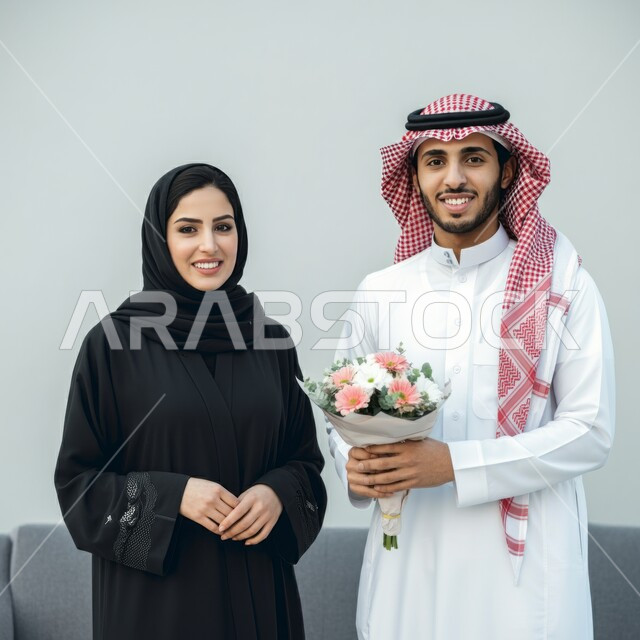الحياة لزوجية الناجحة، النظر إلى الكاميرا بإيماءات السعادة والسرور، مفهوم المحبة بين الزوجين, مشاركة وتقديم الهدايا في الأعياد والمناسبات العائلية, رجل عربي خليجي سعودي يرتدي الثوب التقليدي والشماغ يقدم لزوجته باقة زهور بمناسبة ذكرى يوم الزواج, خلفية بيضاء