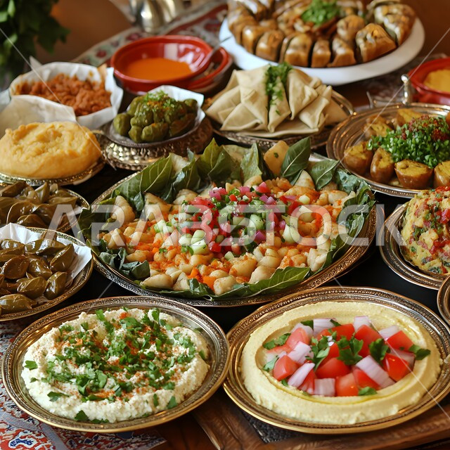 تزيين الطعام بأساليب فنية، تقديم الأطعمة والوصفات الشرقية ذات نكهات مميزة، طبق عربي تقليدي، صورة مقربة لطبق مقبلات مشكلة ومغذية، وجبات شهية في مطاعم المملكة العربية السعودية، المقبلات النباتية الباردة اللذيذة، مأكولات وأطباق شعبية تقليدية