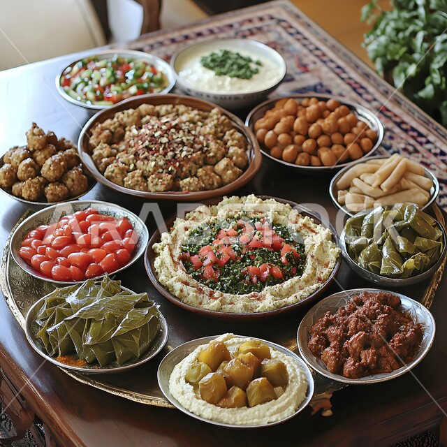 تزيين الطعام بأساليب فنية، تقديم الأطعمة والوصفات الشرقية ذات نكهات مميزة، طبق عربي تقليدي، صورة مقربة لطبق مقبلات مشكلة ومغذية، وجبات شهية في مطاعم المملكة العربية السعودية، المقبلات النباتية الباردة اللذيذة، مأكولات وأطباق شعبية تقليدية