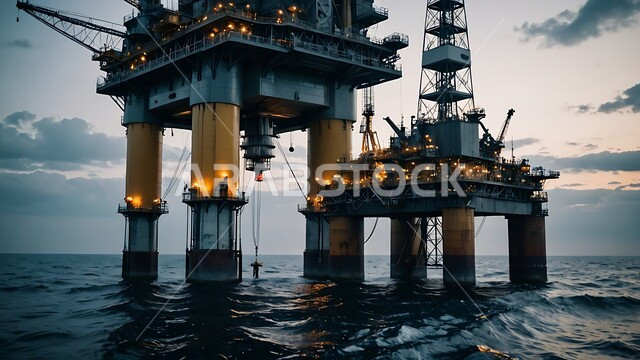 حفارة تقوم بالتنقيب عن النفط وسط البحر في المملكة العربية السعودية, استخراج وتصدير الثروات الباطنية، منصفة نفط لاستنباط الزيوت, آلات حفر ضخمة , جودة الأدوات والمعدات لصناعة وتخزين البترول