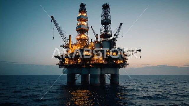 حفارة تقوم بالتنقيب عن النفط وسط البحر في المملكة العربية السعودية, استخراج وتصدير الثروات الباطنية، منصفة نفط لاستنباط الزيوت, آلات حفر ضخمة , جودة الأدوات والمعدات لصناعة وتخزين البترول