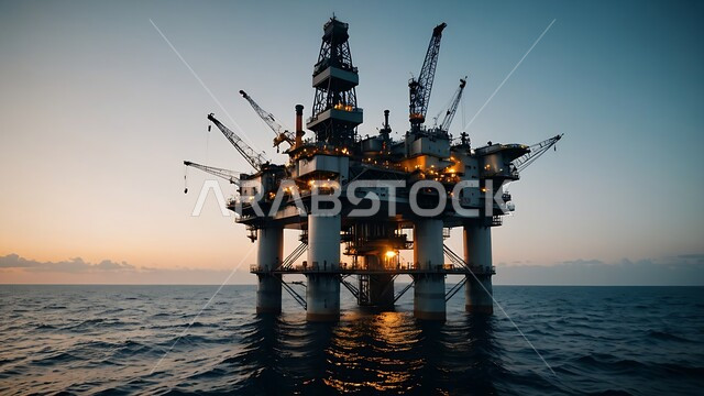 حفارة تقوم بالتنقيب عن النفط وسط البحر في المملكة العربية السعودية, استخراج وتصدير الثروات الباطنية، منصفة نفط لاستنباط الزيوت, آلات حفر ضخمة , جودة الأدوات والمعدات لصناعة وتخزين البترول