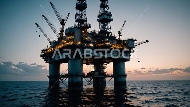 حفارة تقوم بالتنقيب عن النفط وسط البحر في المملكة العربية السعودية, استخراج وتصدير الثروات الباطنية، منصفة نفط لاستنباط الزيوت, آلات حفر ضخمة , جودة الأدوات والمعدات لصناعة وتخزين البترول