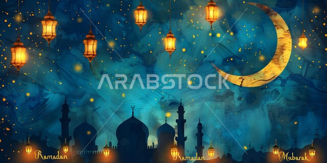 زينة الاعياد والمناسبات الدينية، استقبال شهر الخير بالعبادة والتقرب إلى الله تعالى، التصاميم الهندسية المميزة لللفوانيس التقليدية المضاءة في المملكة العربية السعودية، رسوم توضيحية ثلاثية الابعاد للمساجد والقبب مع هلال القمر رمضان المبارك