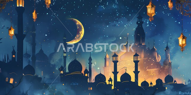 زينة الاعياد والمناسبات الدينية، استقبال شهر الخير بالعبادة والتقرب إلى الله تعالى، التصاميم الهندسية المميزة لللفوانيس التقليدية المضاءة في المملكة العربية السعودية، رسوم توضيحية ثلاثية الابعاد للمساجد والقبب مع هلال القمر رمضان المبارك