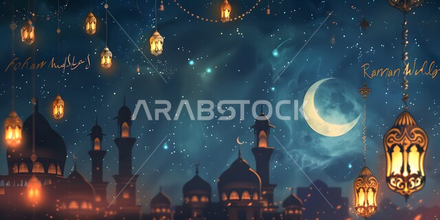 The concept of worship and drawing closer to God Almighty, celebrating the arrival of the month of goodness, Islamic religious holidays and occasions in the Kingdom of Saudi Arabia, 3D illustrations of mosques and lanterns lit at night, view of the crescent moon of the blessed Ramadan in the sky