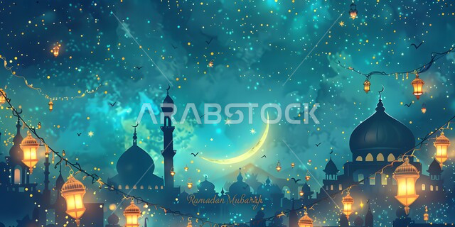 مفهوم العبادة والتقرب إلى الله تعالى، الاحتفال بقدوم شهر الخير، الأعياد و المناسبات الدينية الإسلامية في المملكة العربية السعودية، رسوم توضيحية ثلاثية الأبعاد للمساجد والفوانيس المضاءة ليلا، منظر هلال رمضان المبارك في السماء