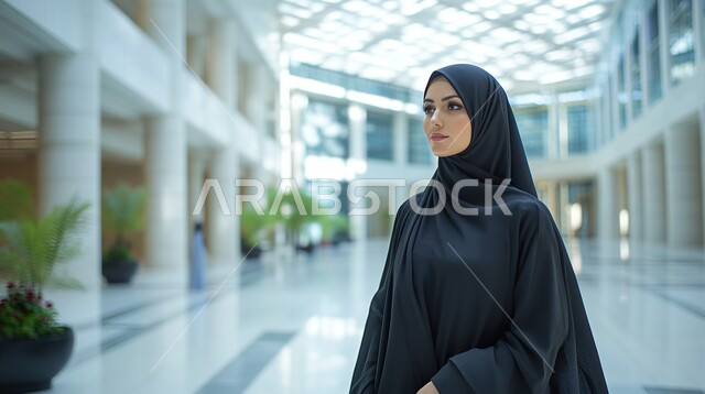 Standing straight and looking somewhere with gestures of confidence, the concept of femininity and softness, interest in outward appearance, modern and elegant veiled fashion, strong Arab features, close-up of a smiling veiled Saudi Arabian Gulf businesswoman wearing a black abaya