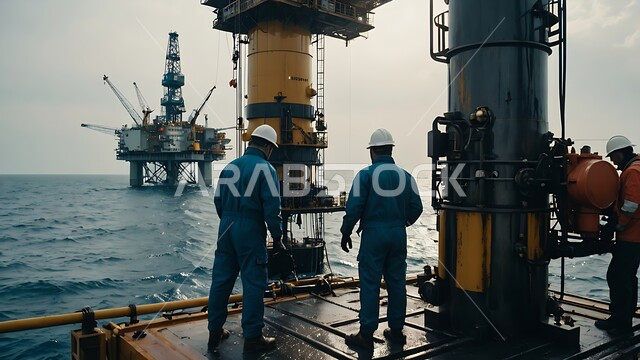 صناعات ومشاريع بيتروكيماوية, العمل في مجال هندسة البترول, صورة من الخلف لمجموعة من المهندسين الخليجيين يرتدون البدلة الواقية وخوذة الحماية يقومون بتقييم جودة المصانع النفطية في المملكة العربية السعودية, مصنع تكرير النفط والغاز في المنطقة الصناعية