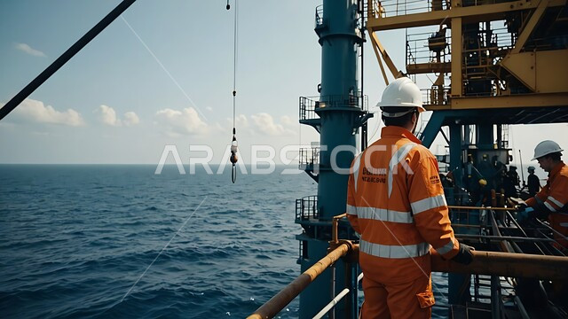 صناعات ومشاريع بيتروكيماوية, العمل في مجال هندسة البترول, صورة من الخلف لمجموعة من المهندسين الخليجيين يرتدون البدلة الواقية وخوذة الحماية يقومون بتقييم جودة المصانع النفطية في المملكة العربية السعودية, مصنع تكرير النفط والغاز في المنطقة الصناعية