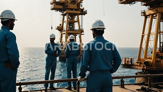 صناعات ومشاريع بيتروكيماوية, العمل في مجال هندسة البترول, صورة من الخلف لمجموعة من المهندسين الخليجيين يرتدون البدلة الواقية وخوذة الحماية يقومون بتقييم جودة المصانع النفطية في المملكة العربية السعودية, مصنع تكرير النفط والغاز في المنطقة الصناعية