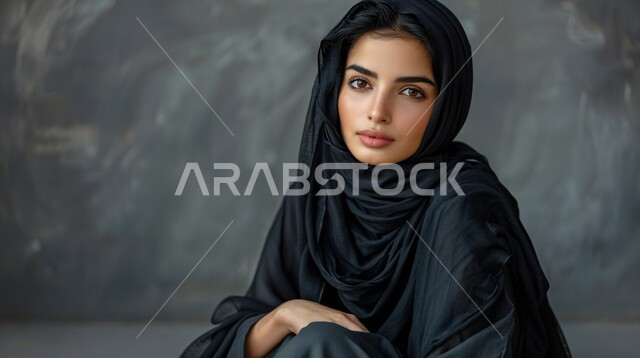 الاناقه و الاهتمام بالمظهر الخارجي، مفهوم القوة والثقه بالنفس, بورتريه مقرب لإمرأة عربية خليجية سعودية ترتدي الحجاب والعباءة السوداء تقف بأيدي متقاطعة تنظر إلى الكاميرا، خلفية رمادية