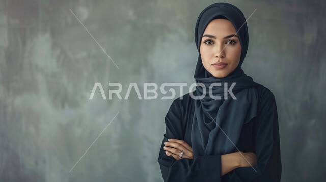 الاناقه و الاهتمام بالمظهر الخارجي، مفهوم القوة والثقه بالنفس, بورتريه مقرب لإمرأة عربية خليجية سعودية ترتدي الحجاب والعباءة السوداء تقف بأيدي متقاطعة تنظر إلى الكاميرا، خلفية رمادية