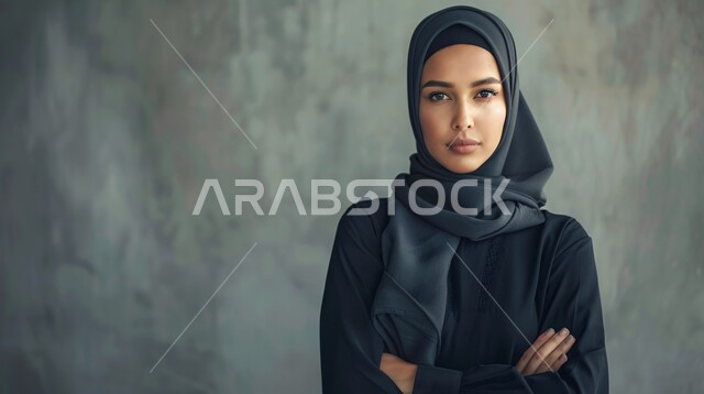 مفهوم القوة والثقه بالنفس, الاناقه و الاهتمام بالمظهر الخارجي، بورتريه مقرب لإمرأة عربية خليجية سعودية ترتدي الحجاب والعباءة السوداء تقف بأيدي متقاطعة تنظر إلى الكاميرا، خلفية رمادية