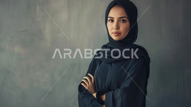 مفهوم القوة والثقه بالنفس, الاناقه و الاهتمام بالمظهر الخارجي، بورتريه مقرب لإمرأة عربية خليجية سعودية ترتدي الحجاب والعباءة السوداء تقف بأيدي متقاطعة تنظر إلى الكاميرا، خلفية رمادية