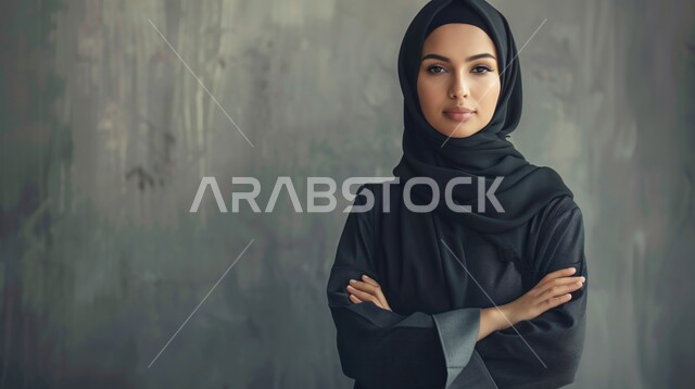مفهوم القوة والثقه بالنفس, الاناقه و الاهتمام بالمظهر الخارجي، بورتريه مقرب لإمرأة عربية خليجية سعودية ترتدي الحجاب والعباءة السوداء تقف بأيدي متقاطعة تنظر إلى الكاميرا، خلفية رمادية