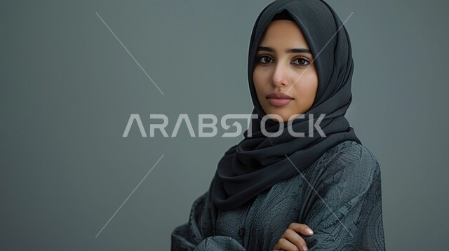 مفهوم القوة والثقه بالنفس, الاناقه و الاهتمام بالمظهر الخارجي، بورتريه مقرب لإمرأة عربية خليجية سعودية ترتدي الحجاب والعباءة السوداء تقف بأيدي متقاطعة تنظر إلى الكاميرا، خلفية رمادية