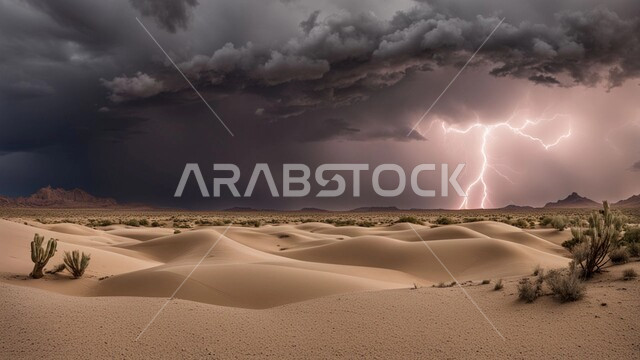 غبار العاصفة الرملية في الصحراء, نمو النباتات الخضراء والأعشاب البرية في الأراضي الصحراوية ، الكثبان والرمال الذهبية الناعمة، التشكيلات والتكوينات الرملية في المملكة العربية السعودية, الزوابع الغبارية القوية