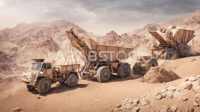 Rock formations and terrain, large trucks working at the mining site, areas for prospecting for underground resources, locations of mines in the Kingdom of Saudi Arabia, disposal of soil and rocks and transporting them away