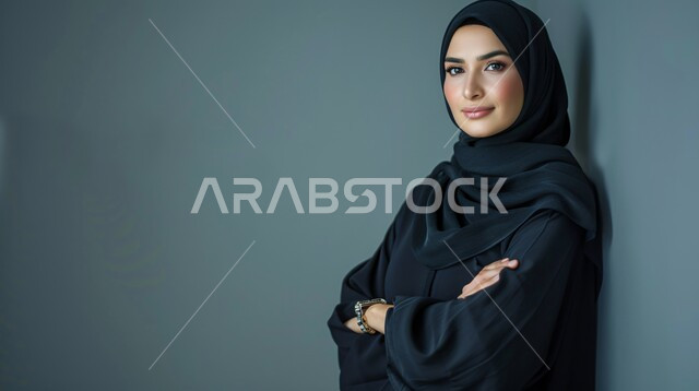 الاناقه و الاهتمام بالمظهر الخارجي، مفهوم القوة والثقه بالنفس, بورتريه مقرب لإمرأة عربية خليجية سعودية ترتدي الحجاب والعباءة السوداء تقف بأيدي متقاطعة تنظر إلى الكاميرا، خلفية رمادية