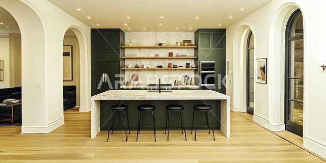 الديكورات العصرية للمطابخ الفاخرة في المملكة العربية السعودية، الأضواء المعلقة وتناسق الألوان, أثاث منزلي راقي، شقق وفلل سكنية مميزة، تصميم داخلي لمطبخ على الطراز الحديث باللون الأسود, فنادق ومنتجعات فاخرة