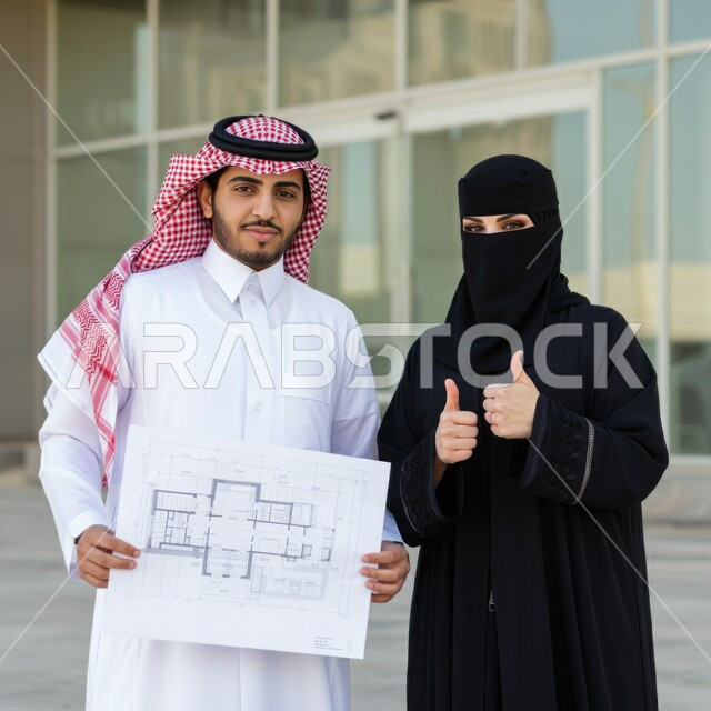 Sharing and support among family members, successful married life, a Saudi Arabian Gulf man wearing traditional thobe and shemagh standing with his wife holding a business plan, a Saudi woman wearing abaya and niqab raising thumbs up in approval and satisfaction