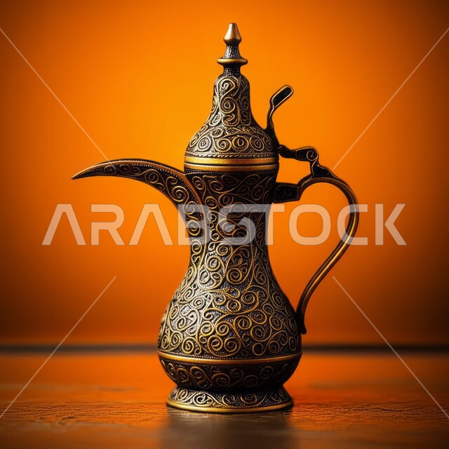 The concept of welcoming guests, luxurious Gulf Arabic coffee, generosity and hospitality in Saudi culture, authentic customs and traditions inherited from ancestors, close-up portrait of an ornate copper coffee pot made of antique copper, serving delicious hot drinks, orange background