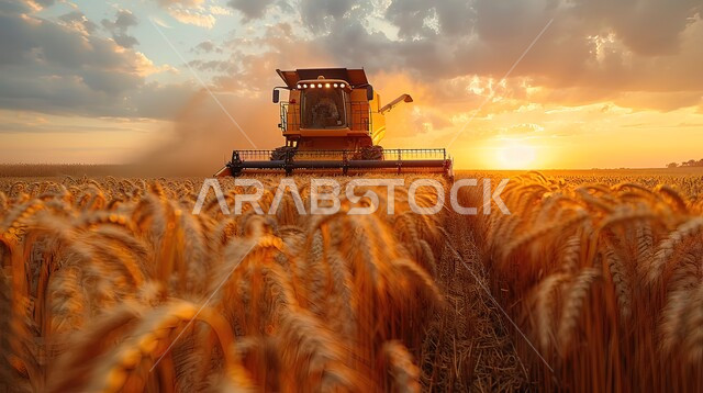 آلات ومعدات للمساعدة في حراثة و تقليب الارض، موسم جني القمح والمحاصيل المحلية الوطنية في احدى المزارع، آلة حصاد التربة الزراعية، جرار الزراعة في حقل زراعي في المملكة العربية السعودية
