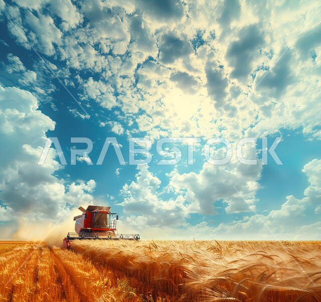 حصادة تعمل في حقل القمح, آلات ومعدات للمساعدة في حراثة و تقليب الارض، موسم جني القمح والمحاصيل المحلية الوطنية في احدى المزارع، آلة حصاد التربة الزراعية، جرار الزراعة في حقل زراعي في المملكة العربية السعودية, سماء ملبدة بالغيوم البيضاء