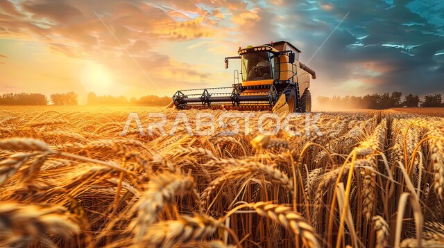 Machinery and equipment to help in tilling and turning the land, wheat harvest season and local national crops on a farm, agricultural soil harvesting machine, agricultural tractor in an agricultural field in Saudi Arabia