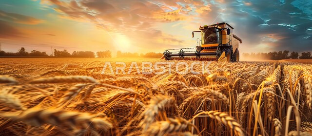 موسم الحصاد في المملكة العربية السعودية، صورة بانورامية لجرار لجز و حزم القمح في حقل زراعي في وقت غروب الشمس، محاصيل و منتجات محلية وطنية، حقول وأراضي زراعية واسعة, آلات ومعدات للمساعدة في حراثة و تقليب الارض