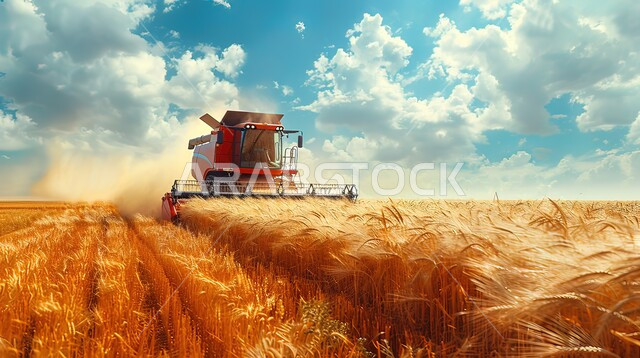 حصادة تعمل في حقل القمح, آلات ومعدات للمساعدة في حراثة و تقليب الارض، موسم جني القمح والمحاصيل المحلية الوطنية في احدى المزارع، آلة حصاد التربة الزراعية، جرار الزراعة في حقل زراعي في المملكة العربية السعودية, سماء ملبدة بالغيوم البيضاء