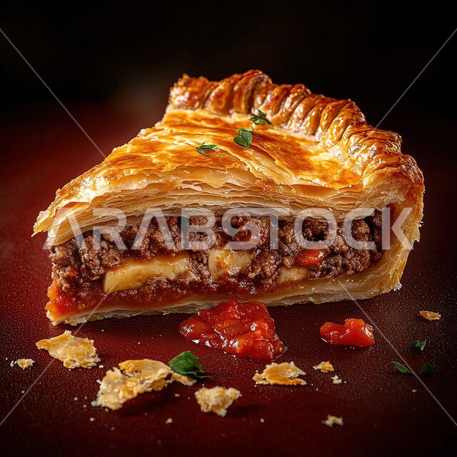 قطعة من فطيرة اللحم الساخنة الهشة مع الكاتشب، إتقان مهارة إعداد المخبوزات والمعجنات في مطابخ المملكة، طبق من الفطائر الصحية المخبوزة الشهية، فن تقديم الأطباق في مطاعم السعودية، وصفات البرك باللحمة اللذيذة، استخدام رقائق العجين المقرمشة