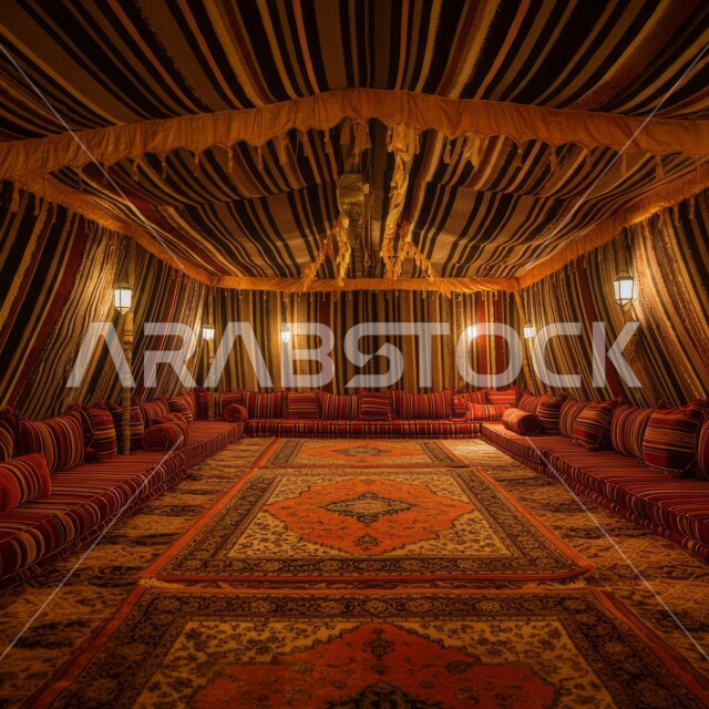 الأصالة والتراث والعراقة، الديكور الداخلي للمجالس التقليدية، حياة البدو في المملكة العربية السعودية، التصميم التراثي السعودي، أثاث ومقاعد منخفضة مع السجاد، خيمة بدوية شعبية مضاءة بالفوانيس المعدنية المعلقة