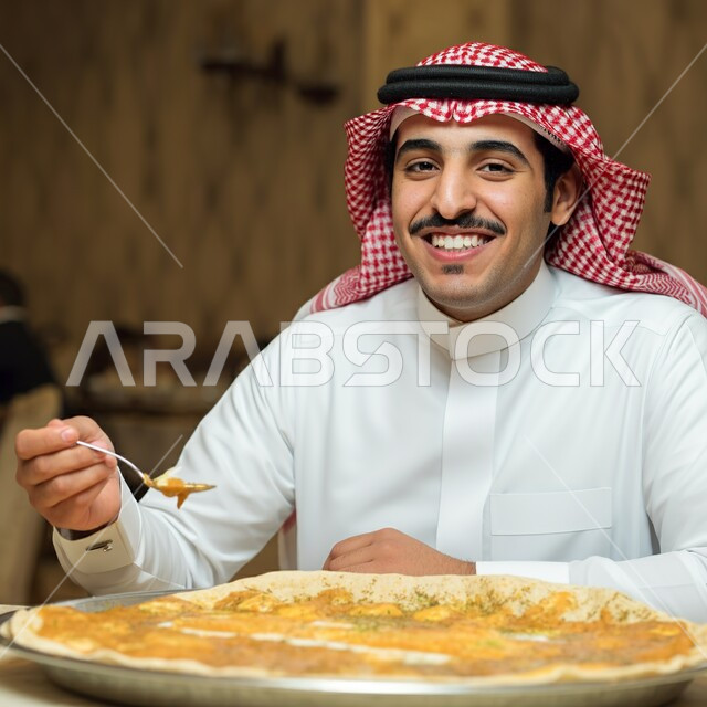 الاستمتاع بالغداء في الخارج, قضاء أوقات ممتعة في المطعم, مطاعم و كافيهات المملكة العربية السعودية, شاب عربي خليجي سعودي مبتسم يرتدي الثوب التقليدي و الشماغ يجلس على المائدة و يقوم بتناول الطعام, النظر إلى الكاميرا بإيماءات السعادة و السرور