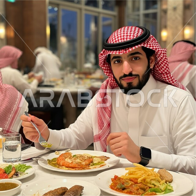 قضاء أوقات ممتعة في المطعم, مطاعم و كافيهات المملكة العربية السعودية, الاستمتاع بالغداء في الخارج, شاب عربي خليجي سعودي مبتسم يرتدي الثوب التقليدي و الشماغ يجلس على المائدة و يقوم بتناول الطعام, النظر إلى الكاميرا بإيماءات السعادة و السرور