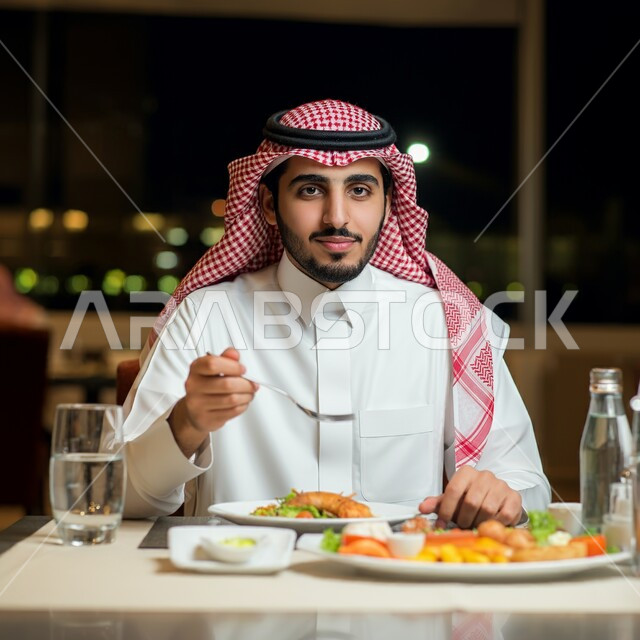 قضاء أوقات ممتعة في المطعم, مطاعم و كافيهات المملكة العربية السعودية, الاستمتاع بالغداء في الخارج, شاب عربي خليجي سعودي مبتسم يرتدي الثوب التقليدي و الشماغ يجلس على المائدة و يقوم بتناول الطعام, النظر إلى الكاميرا بإيماءات السعادة و السرور
