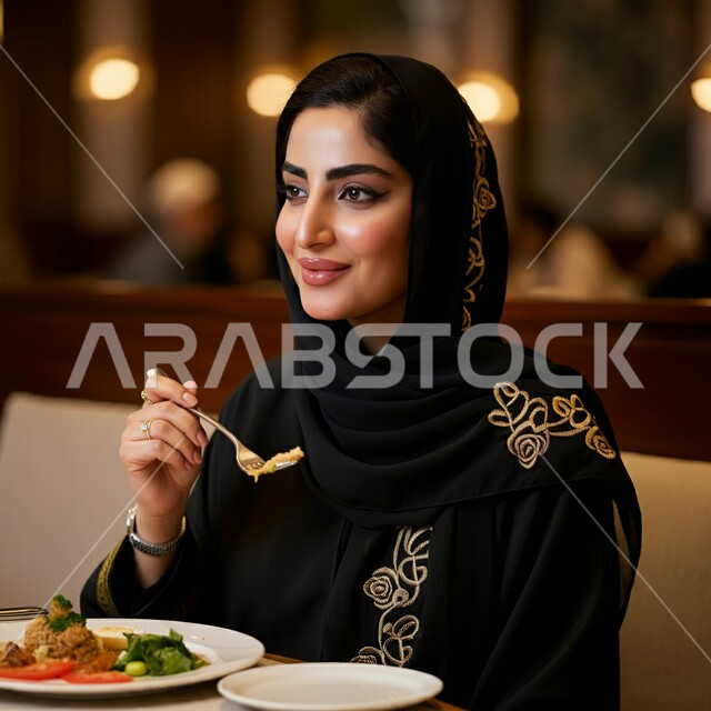 قضاء أوقات ممتعة في المطعم, مطاعم و كافيهات المملكة العربية السعودية, امرأة عربية خليجية سعودية مبتسمة محجبة ترتدي العباءة السوداء تجلس على المائدة و تقوم بتناول الطعام, الاستمتاع بالغداء في الخارج