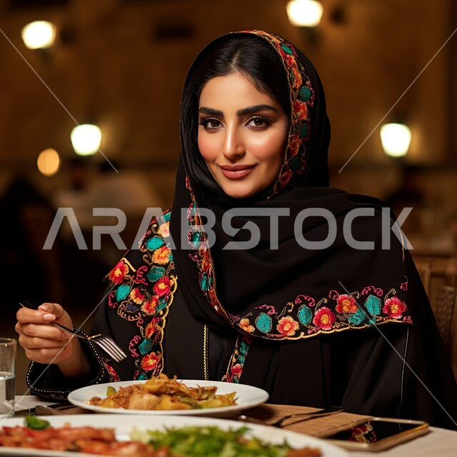قضاء أوقات ممتعة في المطعم, مطاعم و كافيهات المملكة العربية السعودية, امرأة عربية خليجية سعودية مبتسمة محجبة ترتدي العباءة السوداء تجلس على المائدة و تقوم بتناول الطعام, الاستمتاع بالغداء في الخارج