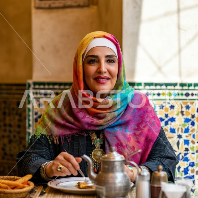 Having a good time at the restaurant, restaurants and cafes in the Kingdom of Saudi Arabia, a smiling Saudi Arabian Gulf woman wearing a black abaya and wearing a veil sitting at the table and eating, enjoying lunch outside