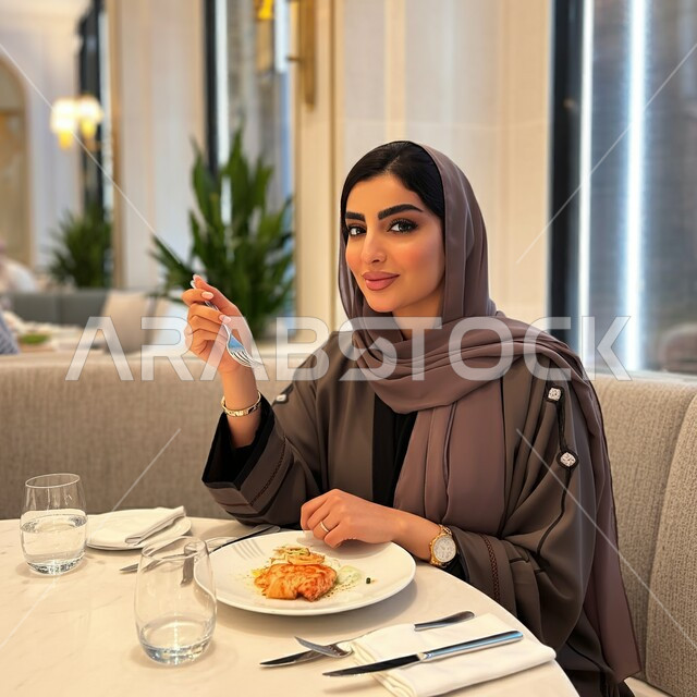 الاستمتاع بالغداء في الخارج, قضاء أوقات ممتعة في المطعم, مطاعم و كافيهات المملكة العربية السعودية, امرأة عربية خليجية سعودية مبتسمة محجبة ترتدي العباءة الملونة تجلس على المائدة و تقوم بتناول الطعام