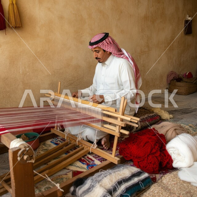 مهن وحرف شعبية، أسواق تقليدية في المملكة العربية السعودية، حياكة وغزل السجاد في المصانع والمعامل، رجل عربي خليجي سعودي يرتدي الثوب التقليدي والشماغ يقوم بنسج السجادة، نقوشات وزخرفات من التراث السعودي، الفن التراثي الحرفي التقليدي، منتجات صناعية محليه وطنيه